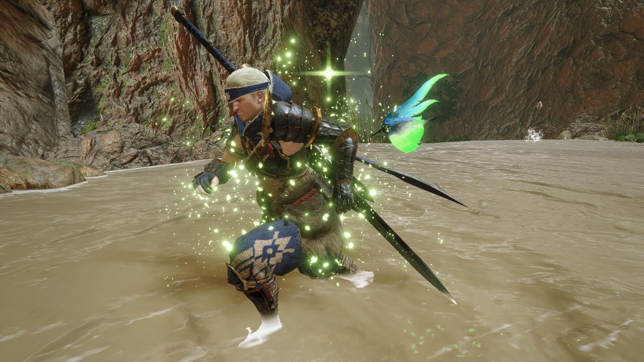 Monster Hunter Rise demo screenshot: a Spiribird grants a buff to a hunter.