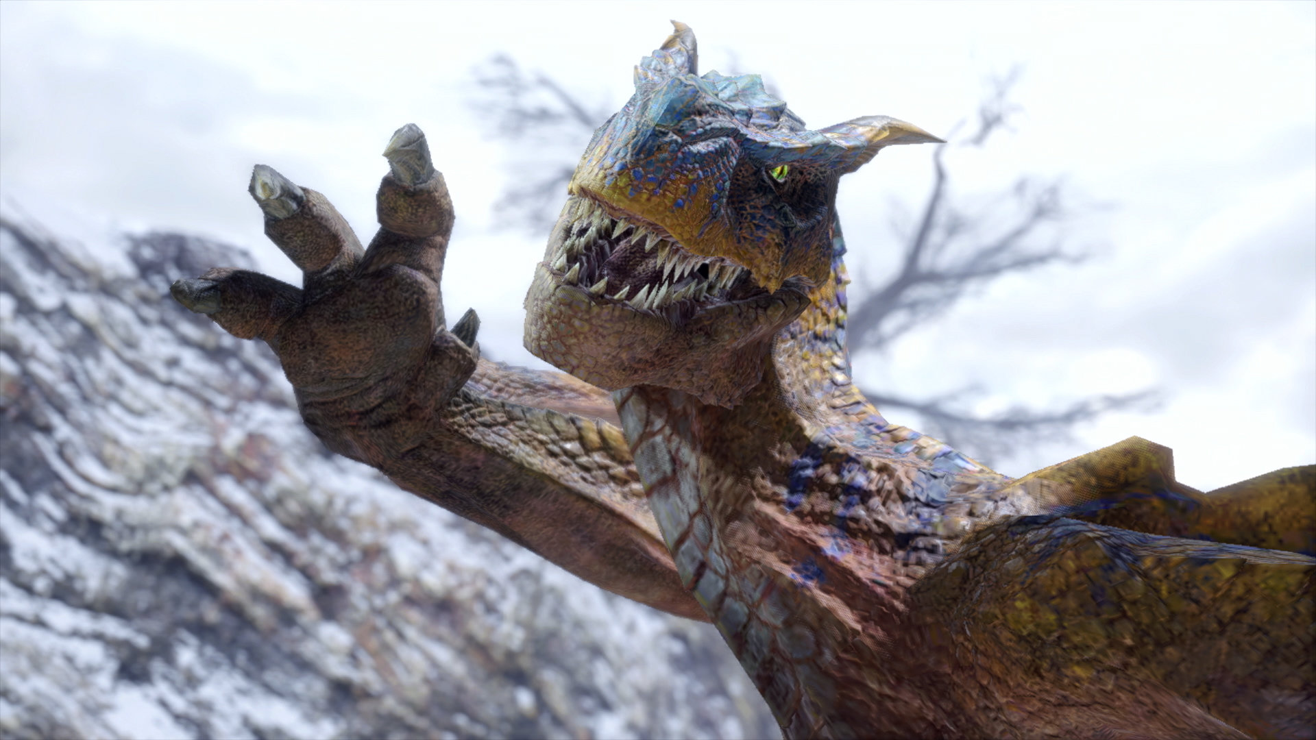 Screenshot From Monster Hunter Rise Featuring A Dinosaur Getting Ready to Attack