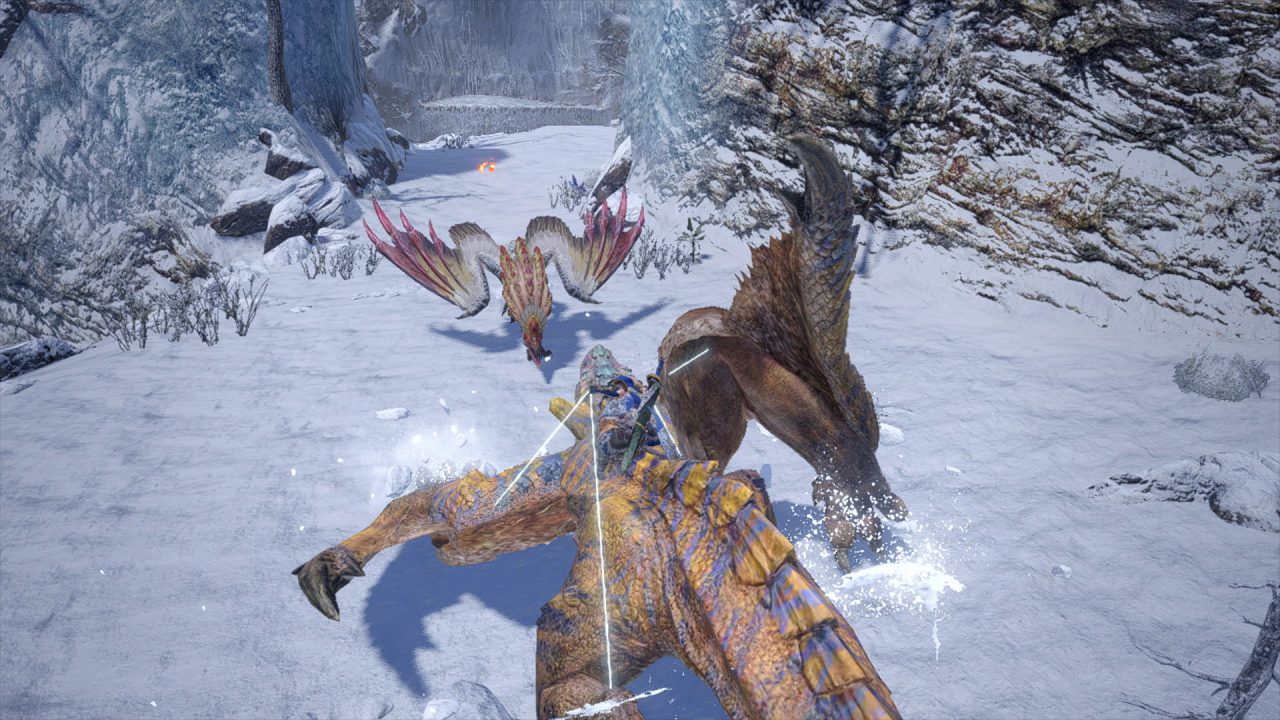 The hunter rides a Tigrex into battle