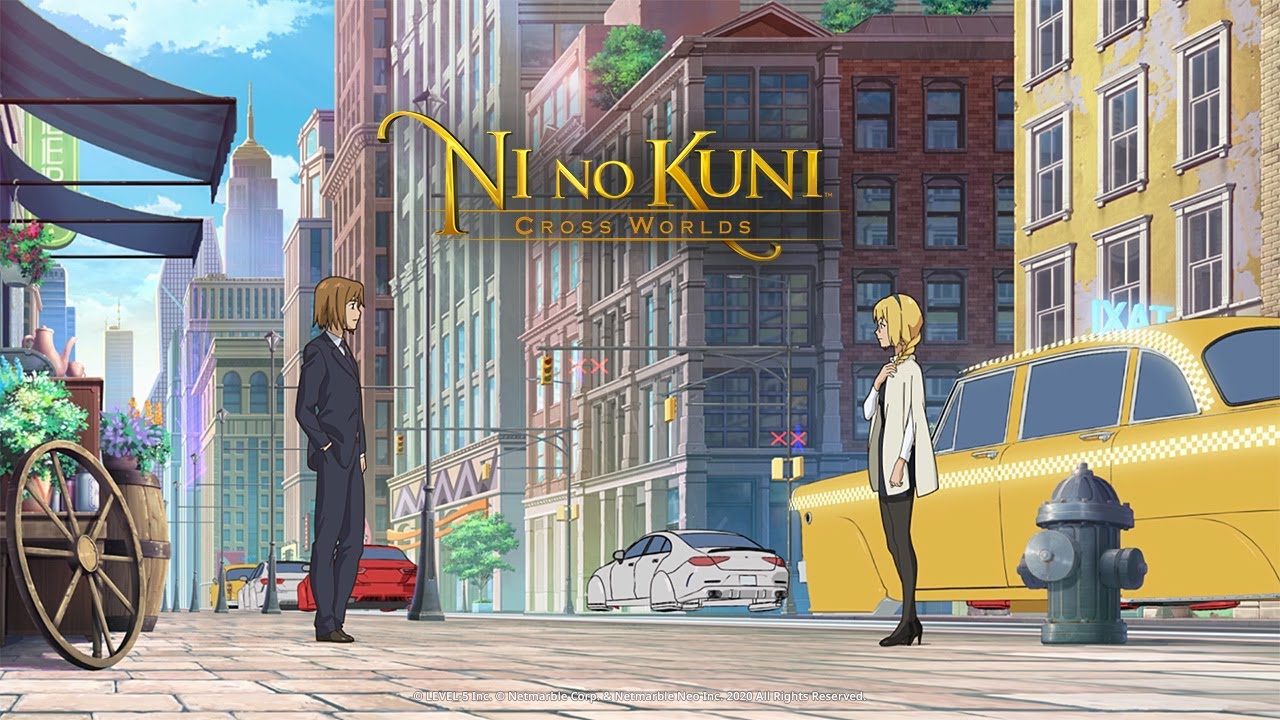 The lead characters in Ni no Kuni: Cross Worlds examine each other on a busy city road.