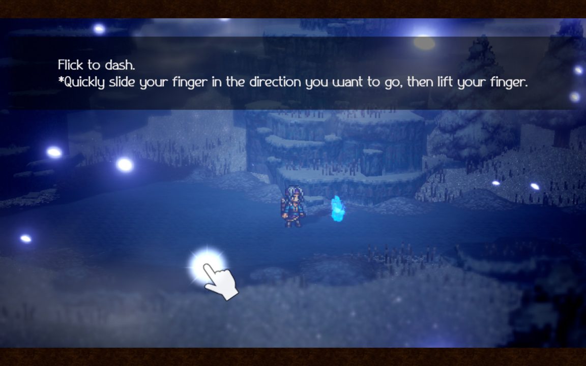 A screenshot of a tutorial segment from Octopath Traveler: Champions of the Continent telling the player to flick the touchscreen to dash.