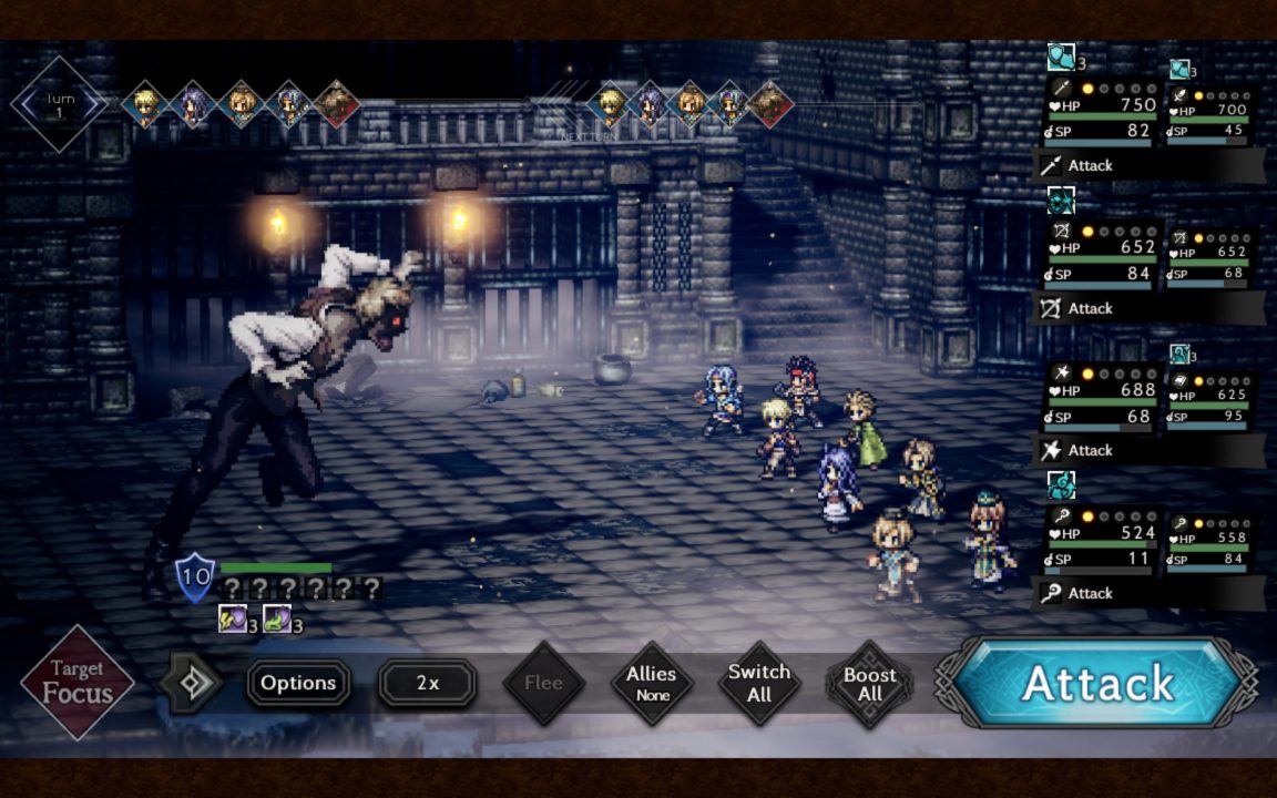 A screenshot of a battle from Octopath Traveler: Champions of the Continent with a full complement of eight heroes.