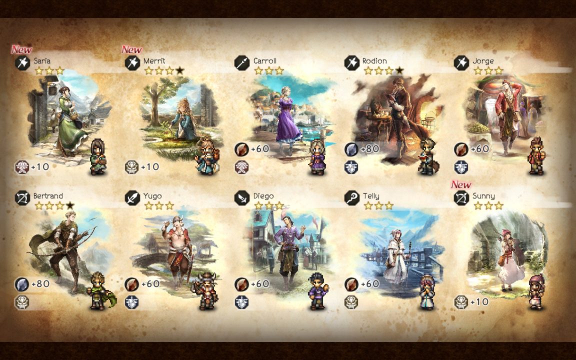 A screenshot of a gacha results screen with characters from Octopath Traveler: Champions of the Continent