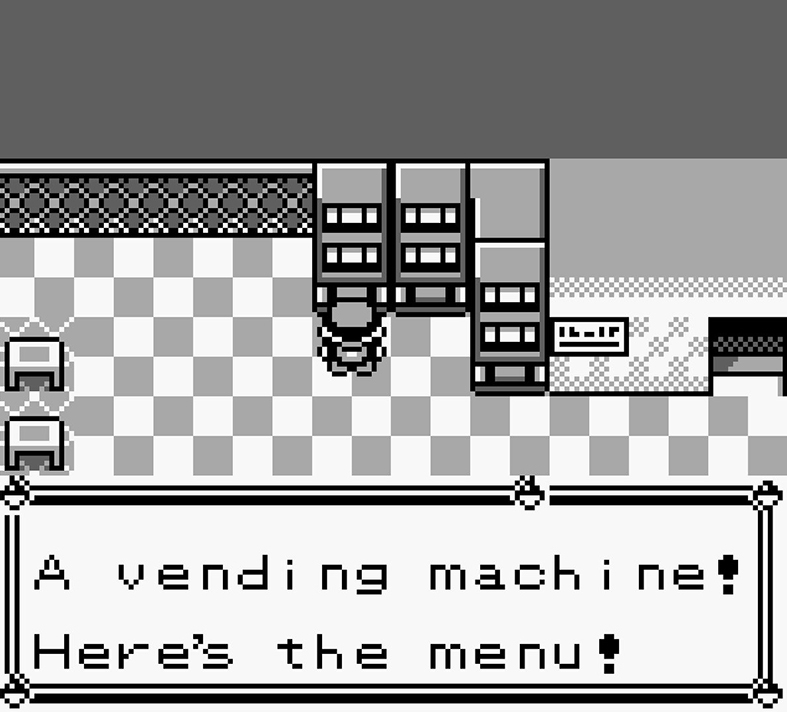 A Pokemon trainer in front of a series of blocky vending machines with a message at the bottom of the screen saying "A vending machine! Here's a menu!"