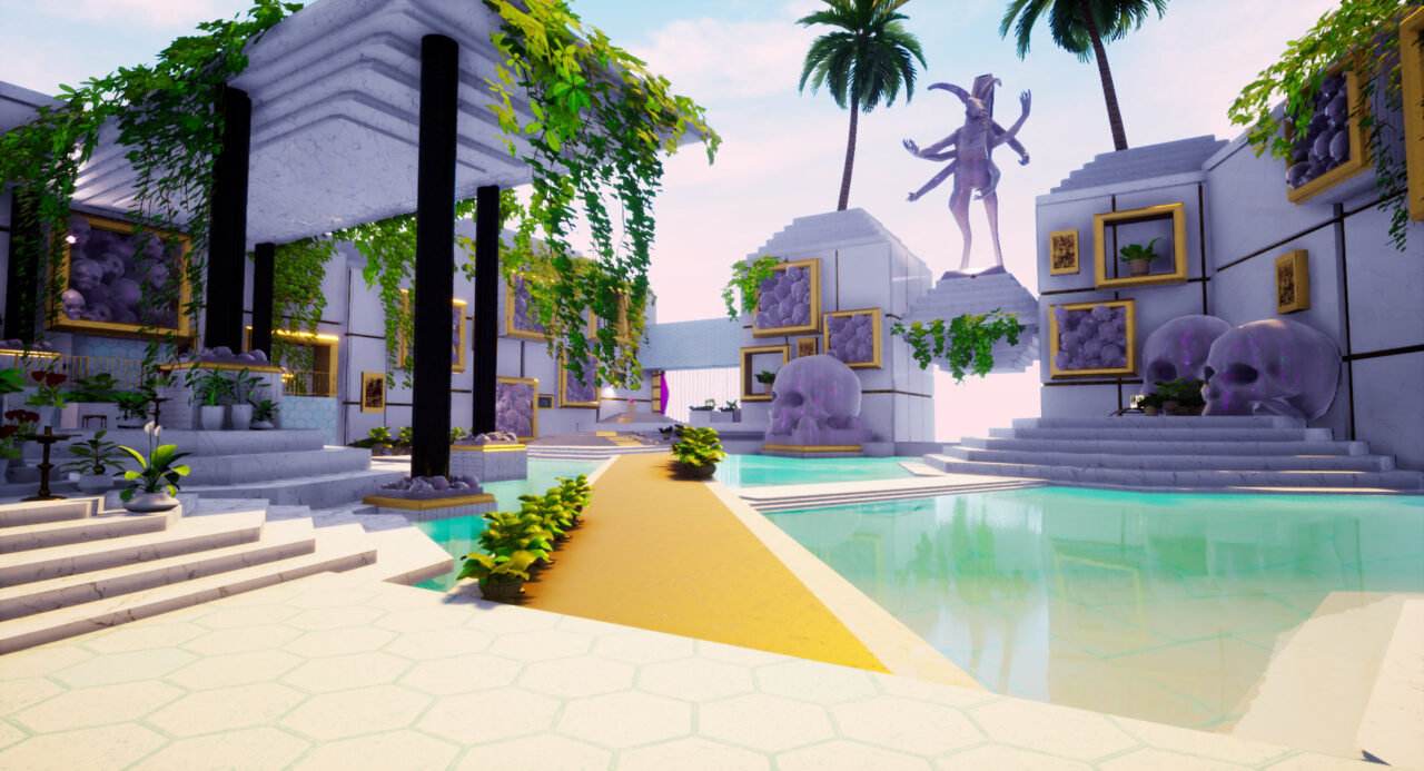 Paradise Killer screenshot - a pool area with white walls and a skull motif with the pool on the right and a covered terrace with greenery on the left.