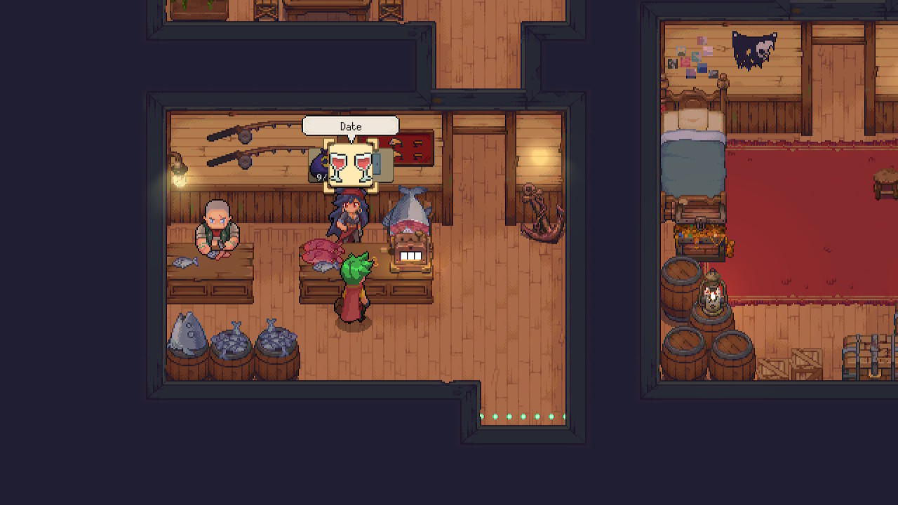 The main character is in a fish shop asking a blue-haired woman to go on a date in the game Potion Permit.