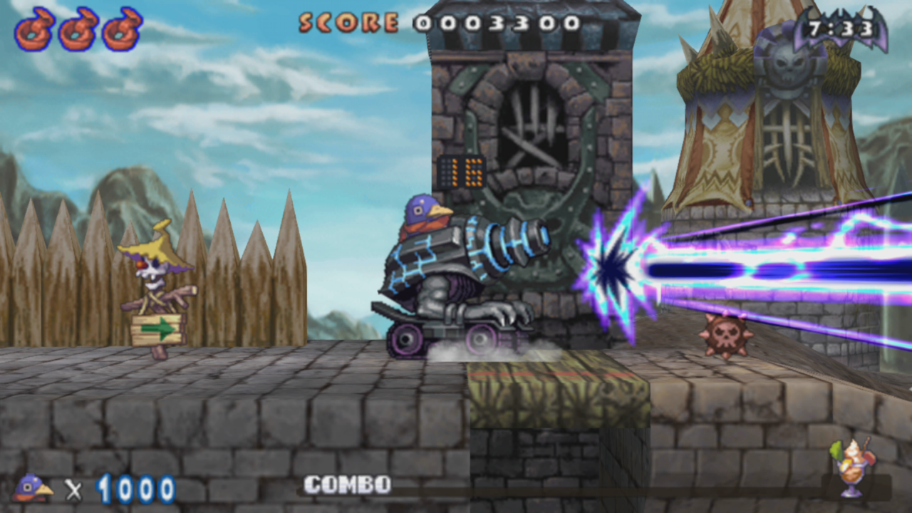 A sign appears to be directing a Prinny manning a laser cannon where to shoot as it rolls along. The cannon is actively shooting purple and blue energy.