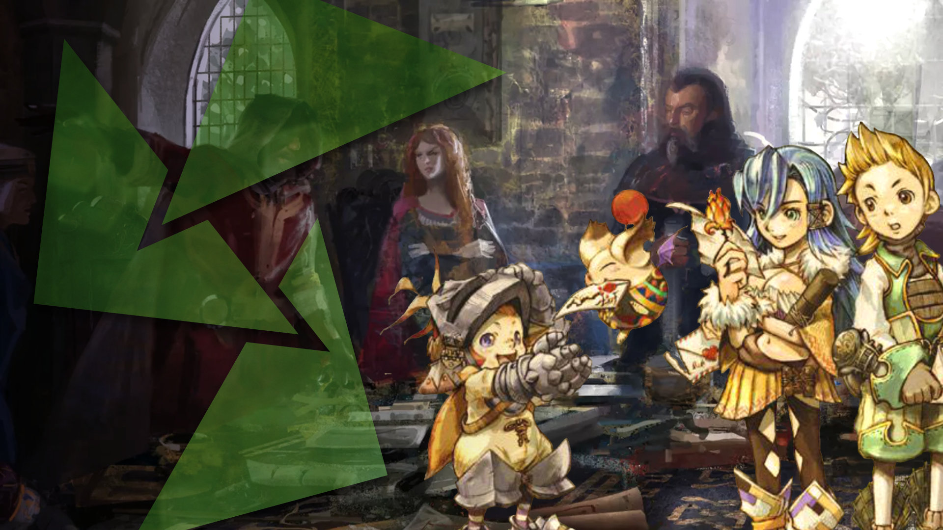 Senior officials debate over their nation's politics in the background and young, cute-styled adventurers get mail from a fluffy flying white creature in the foreground.