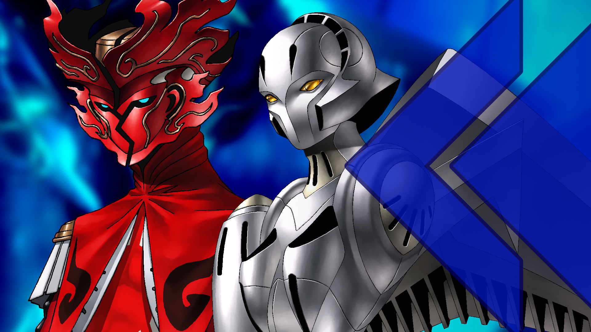 A flaming red persona with an ornate mask stands near a silver robotic-looking persona with golden eyes