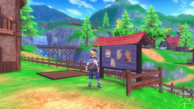 Rune Factory 5 screenshot of a blonde boy in farming attire looking at a town bulletin board with lush greenery in the background.