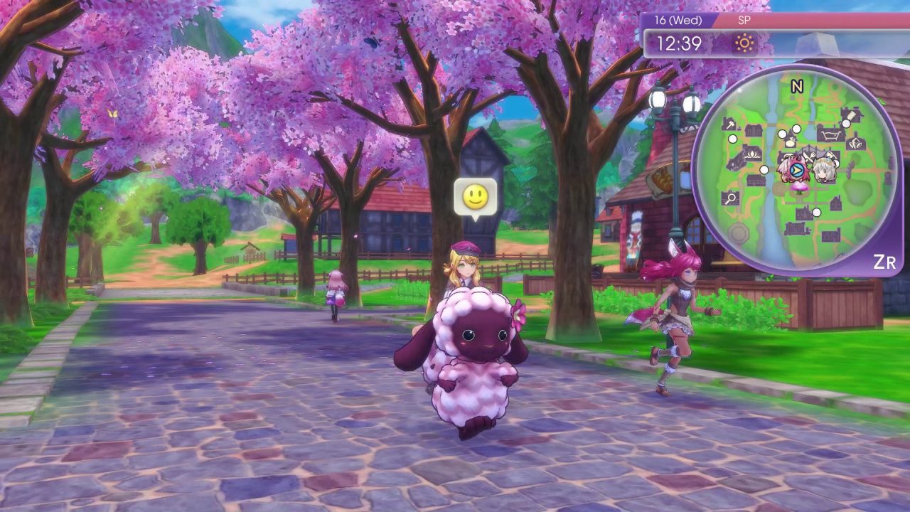 Rune Factory 5 screenshot of the female protagonist riding a Fleecy through town.