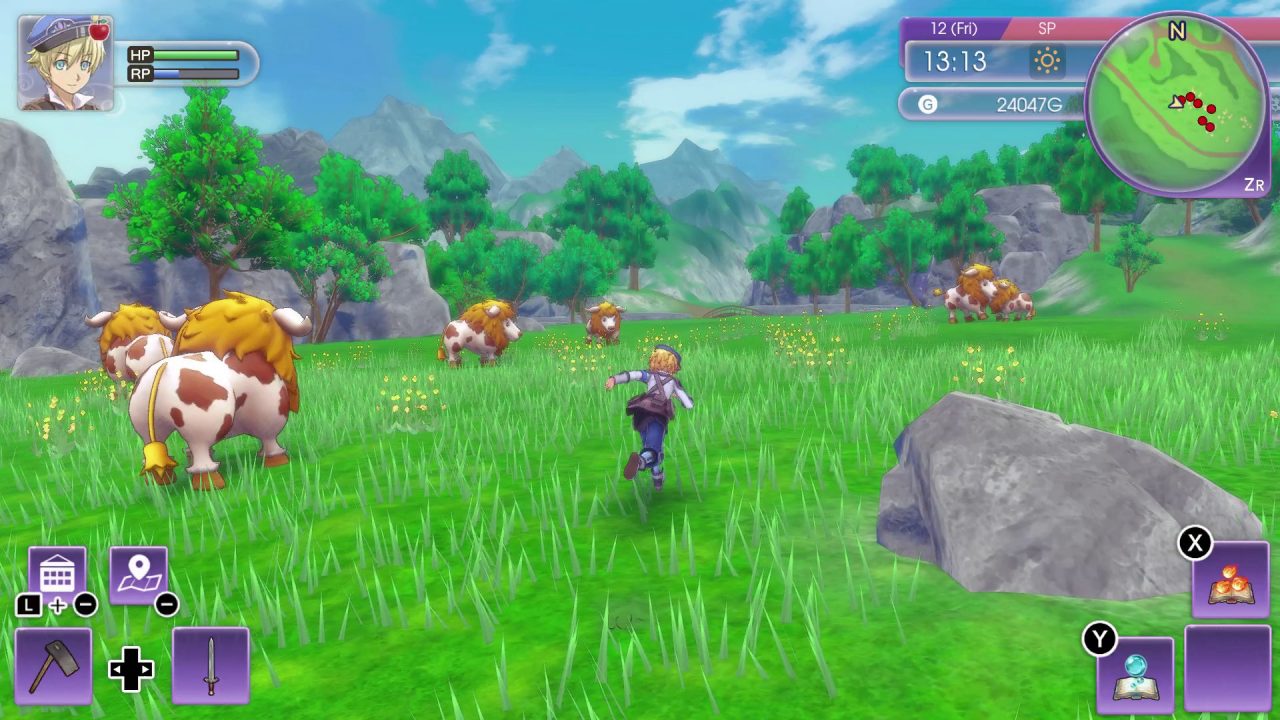 Rune Factory 5 screenshot of a boy running through a lush grassy field.