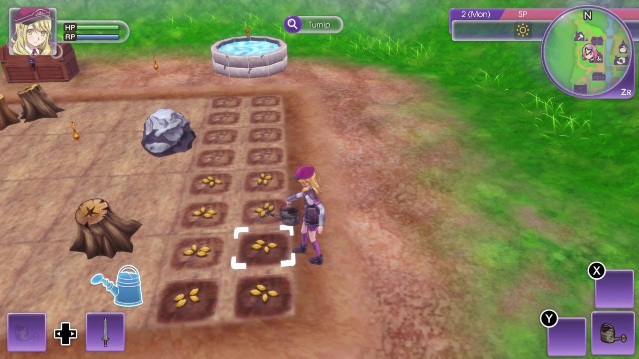 Rune Factory 5 screenshot of the female protagonist watering seeds on the farm. She wears a purple outfit, and holds a watering can above soil.