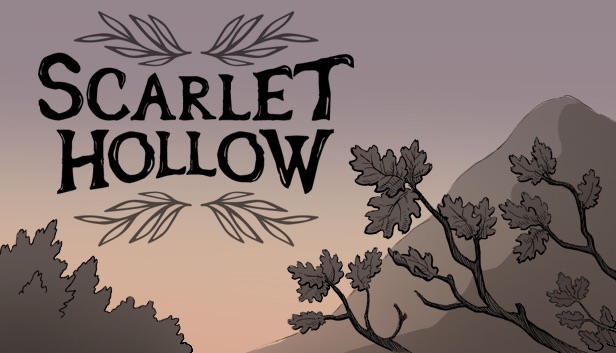 The logo for Scarlet Hollow written large against a twilight backdrop.