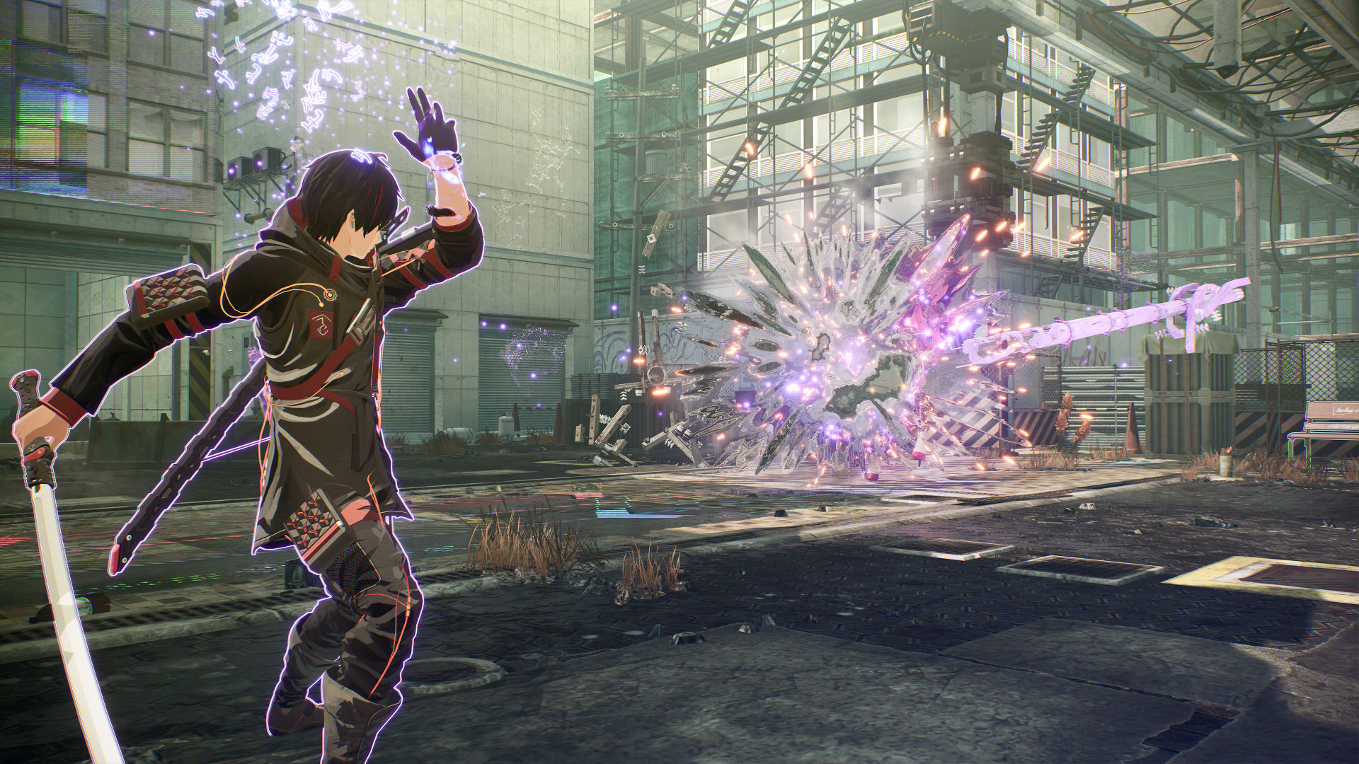 Yuito Sumeragi, a protagonist of Scarlet Nexus, uses the power of pyschokinesis to throw an object at an enemy, wreathed in purple light.