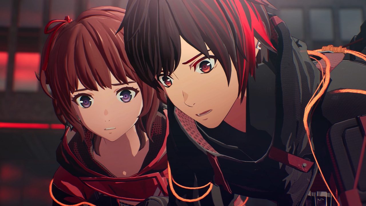 Screenshot From Scarlet Nexus of a boy and girl looking at something offscreen and appearing concerned.