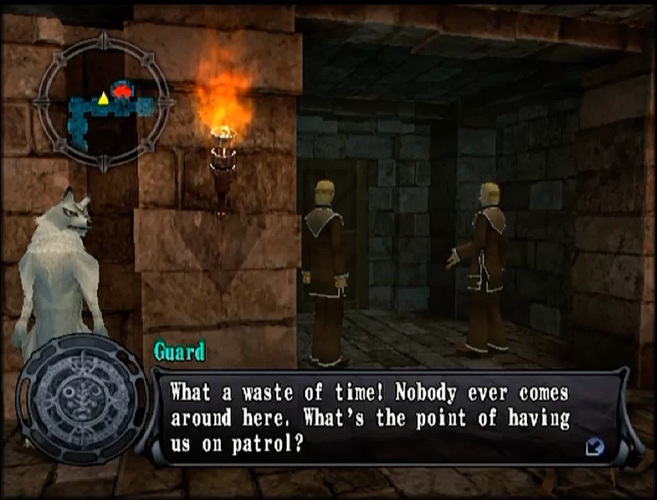 Blanca, humorously standing upright behind a corner to hide from two guards, listening to one of them saying "What a waste of time! Nobody ever comes around here. What's the point of having us on patrol?"