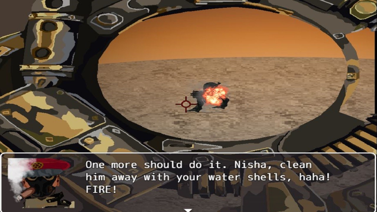 A cigar-smoking man shouts triumphantly as a cannon is fired upon an enemy somewhere in the desert in Shattered Obsidian.