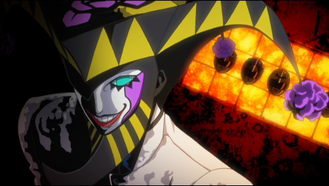 Persona 2: Innocent Sin screenshot of the Joker persona, a humanoid figure with a white and purple face, green eyes, and creepy smile in a striped black and yellow spiky headpiece.
