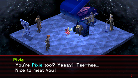 Persona 2: Innocent Sin screenshot of characters negotiating with a small demon named Pixie, a brunette female in a red dress with white wings.