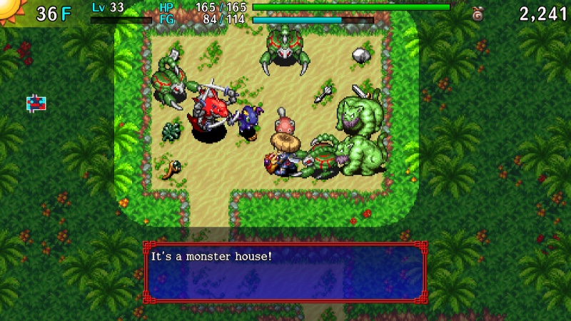 Dialogue appears on screen during a grassy area in Shiren the Wanderer.