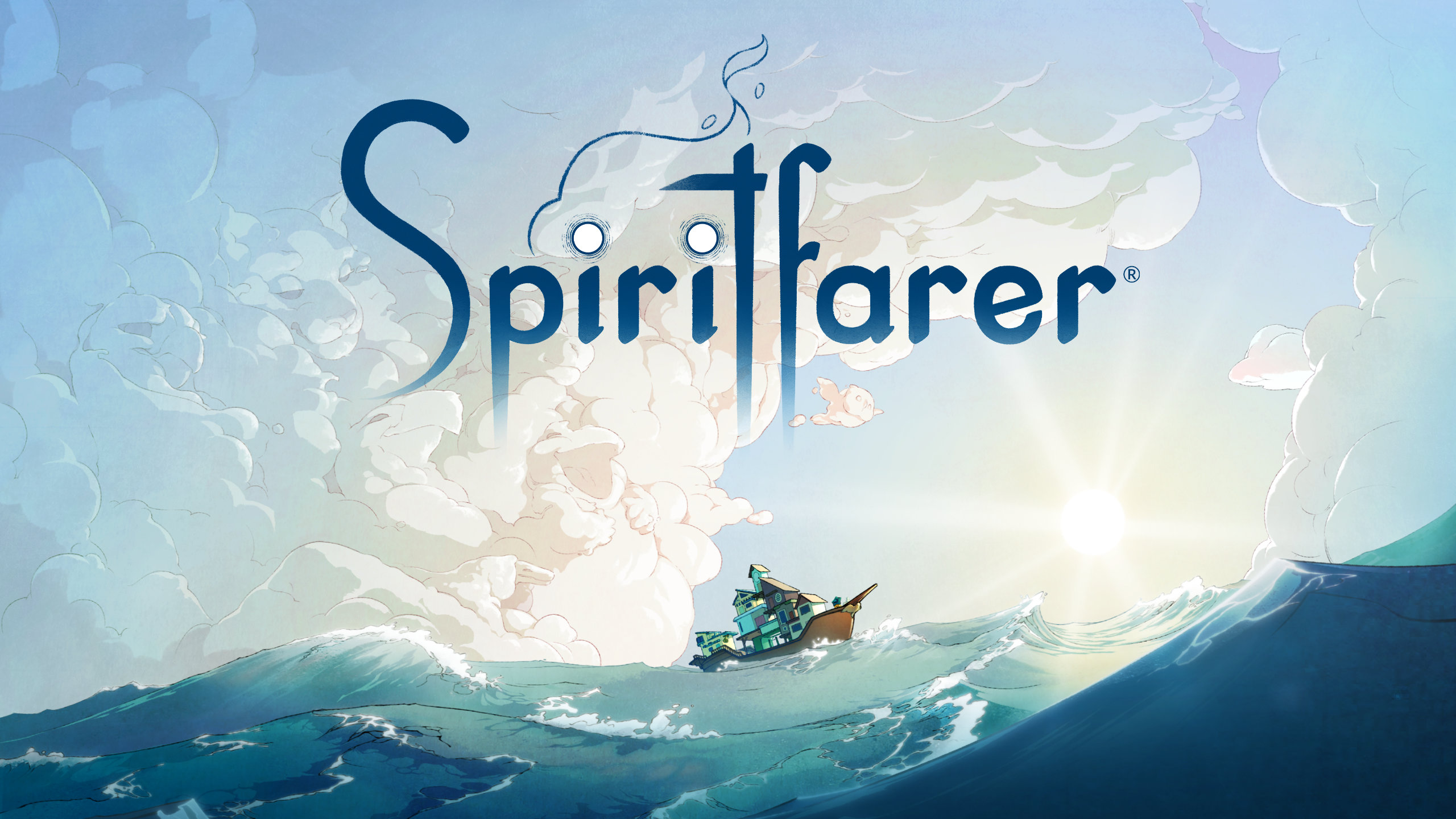 The logo for Spiritfarer above a boat set on choppy blue and white waves.