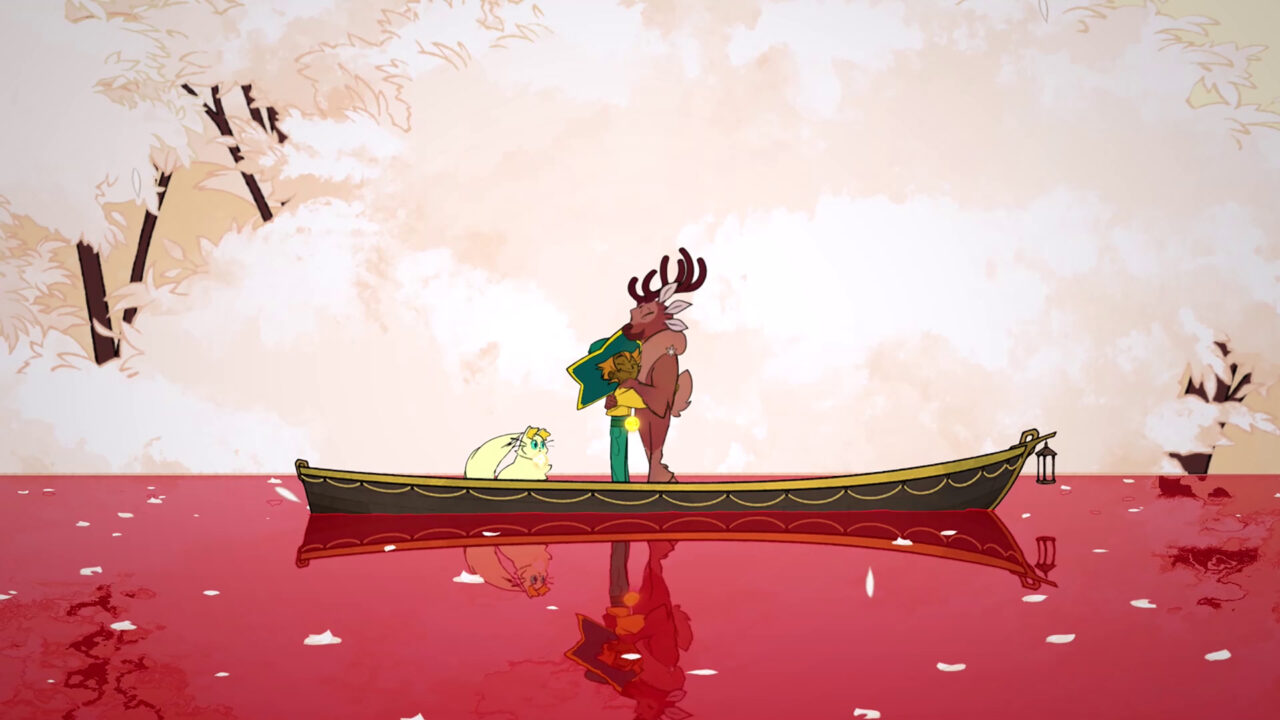 Spiritfarer screenshot featuring Stella hugging her deer friend on still waters, presumably near the Everdoor.