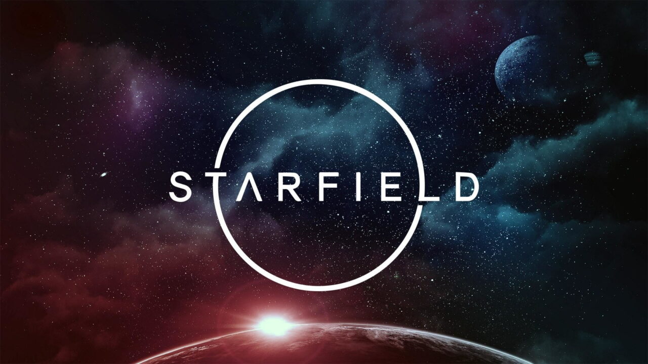 A breathtaking, multicolored, space vista showcasing the logo for upcoming Bethesda RPG Starfield.