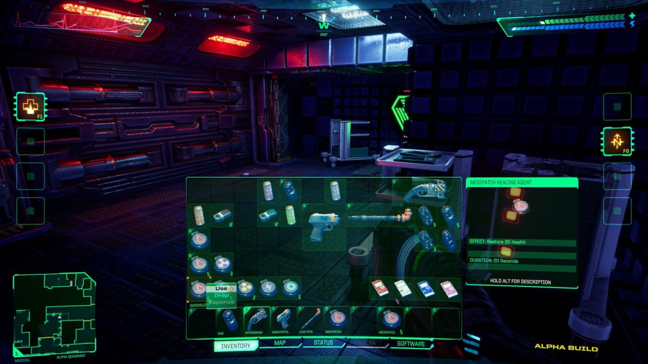 A glimpse at an organized inventory system with an array of weapons and items in System Shock.