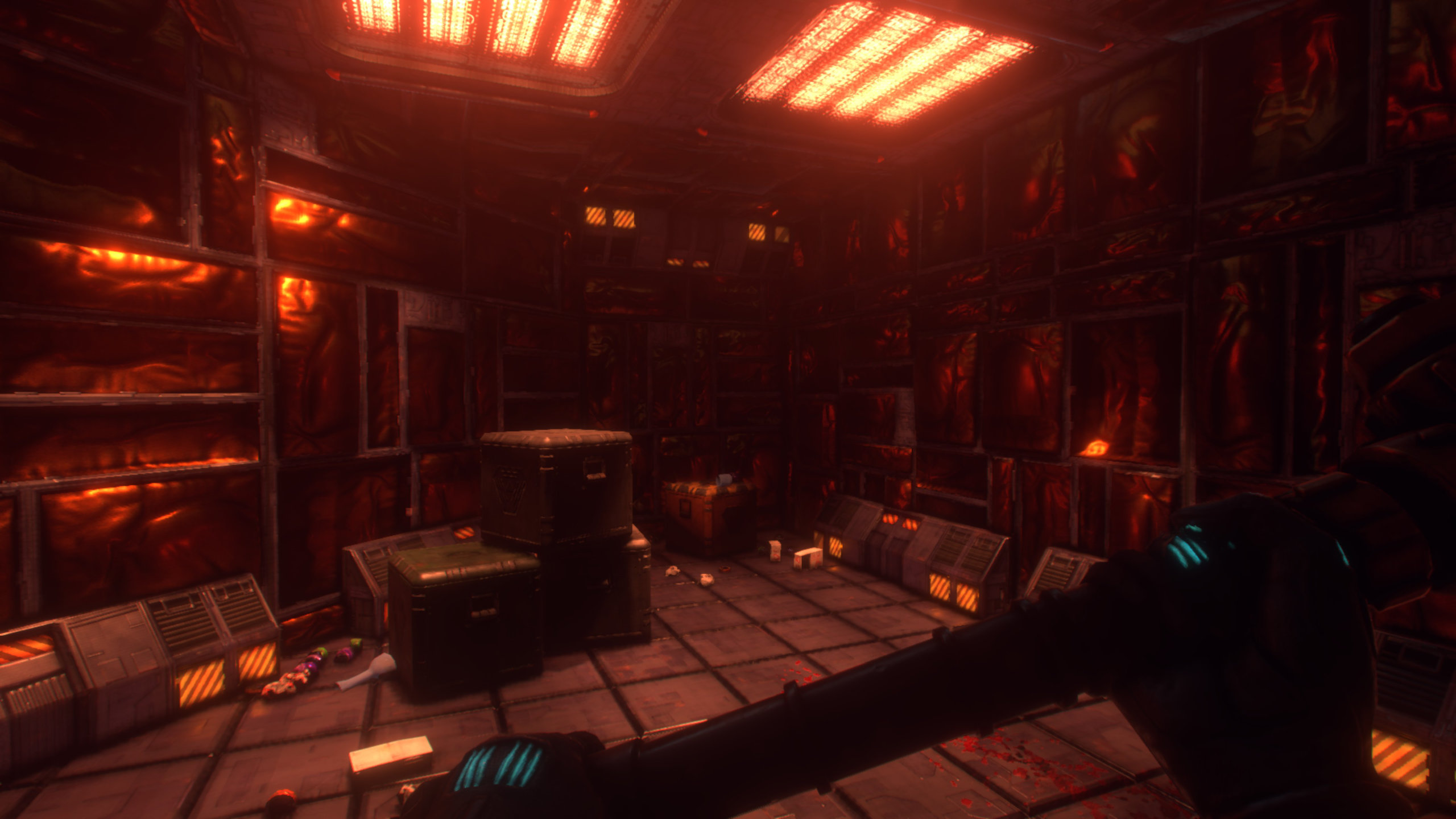 The protagonist of System Shock surveys a neon-lit dead end, holding their trusty wrench to help ward off enemies.
