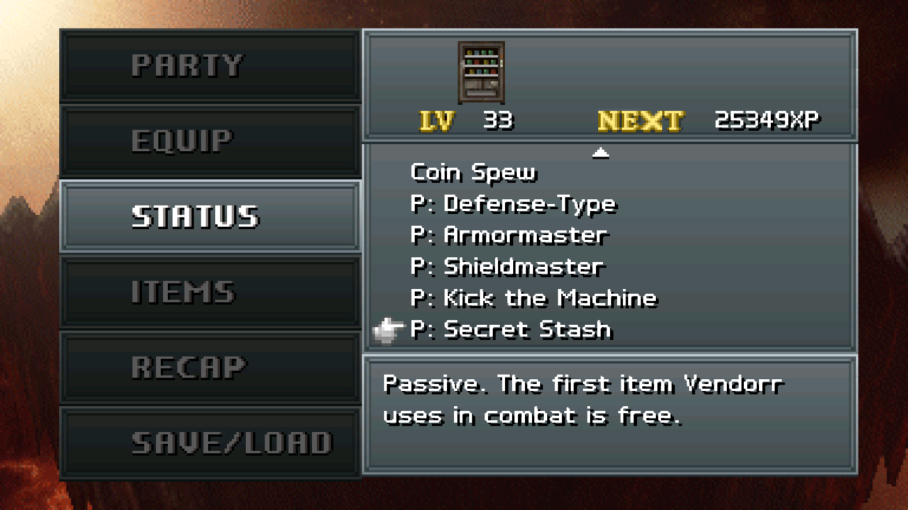 Vendorr's battle menu, including Coin Spew, armor, shield, kick the machine, and secret stash options!