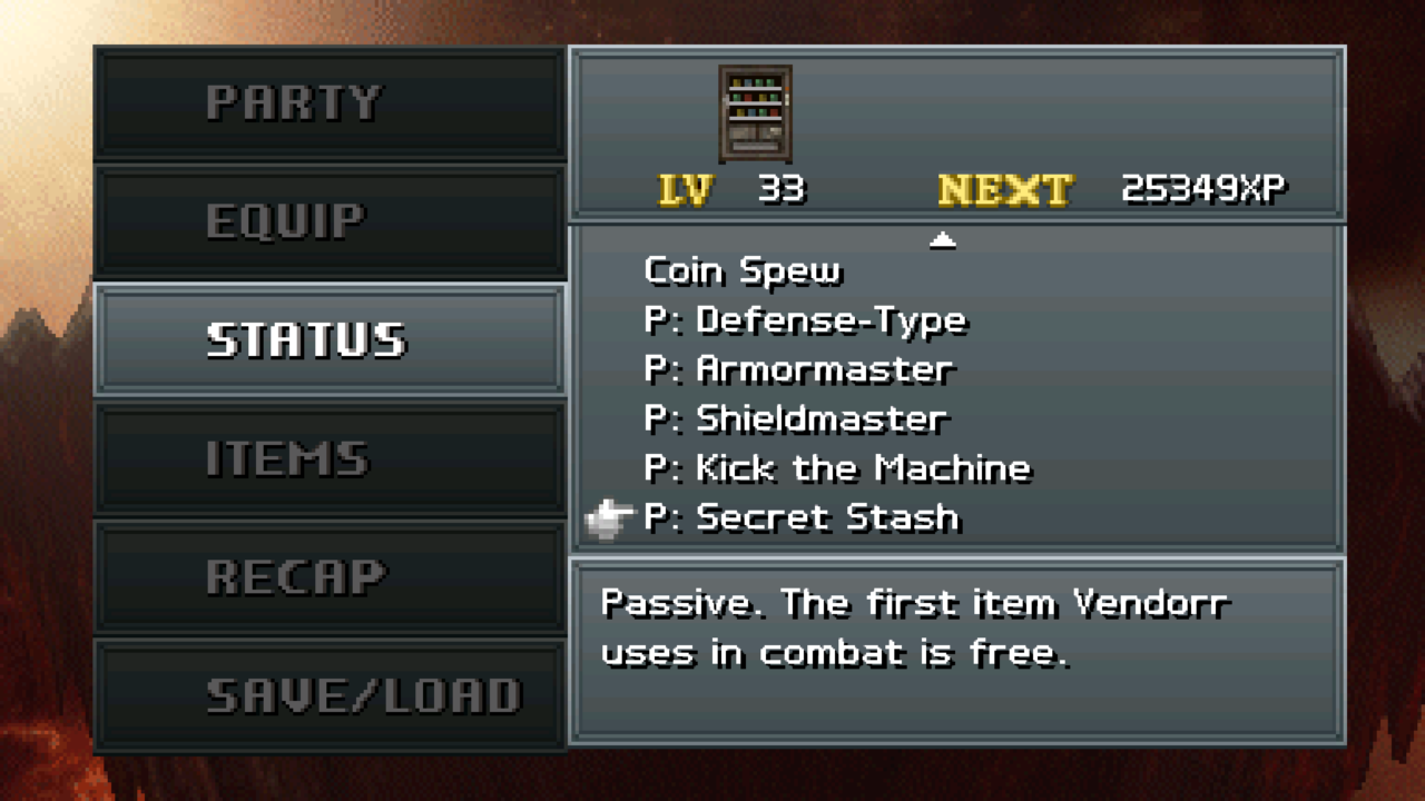 Vendorr's battle menu, including Coin Spew, armor, shield, kick the machine, and secret stash options! 