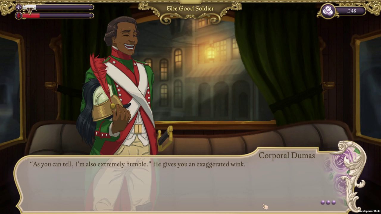 A screenshot of a conversation with Corporal Thomas-Alexandre Dumas in Ambition: A Minuet in Power.