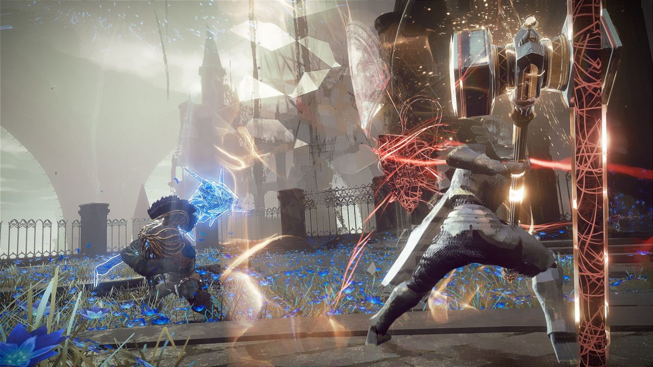 An armoured warrior raises his hammer against an enemy in Babylon's Fall.