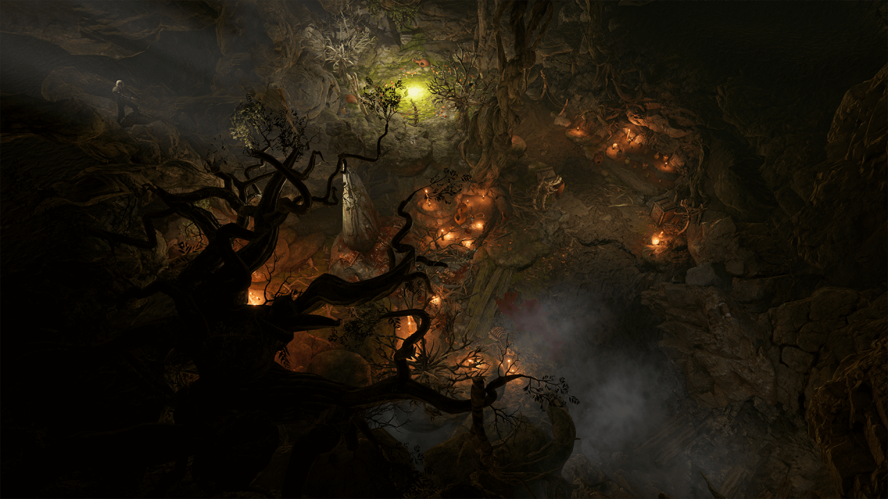 A dark scene with gnarled tree branches and an eerie green orb in the night sky from Baldur's Gate 3.