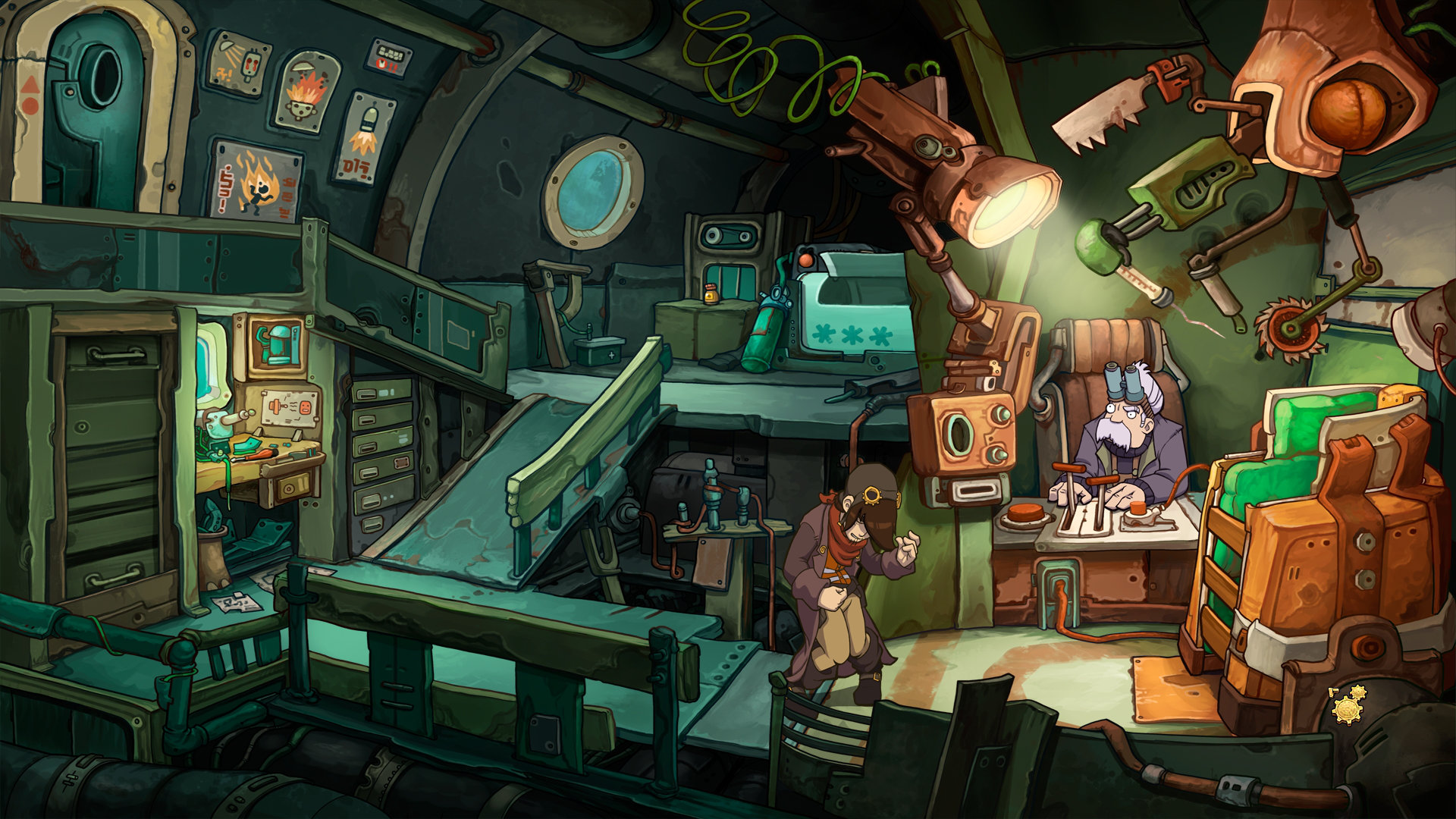 Screenshot of a busy steampunk workshop in Chaos on Deponia from Daedalic Entertainment