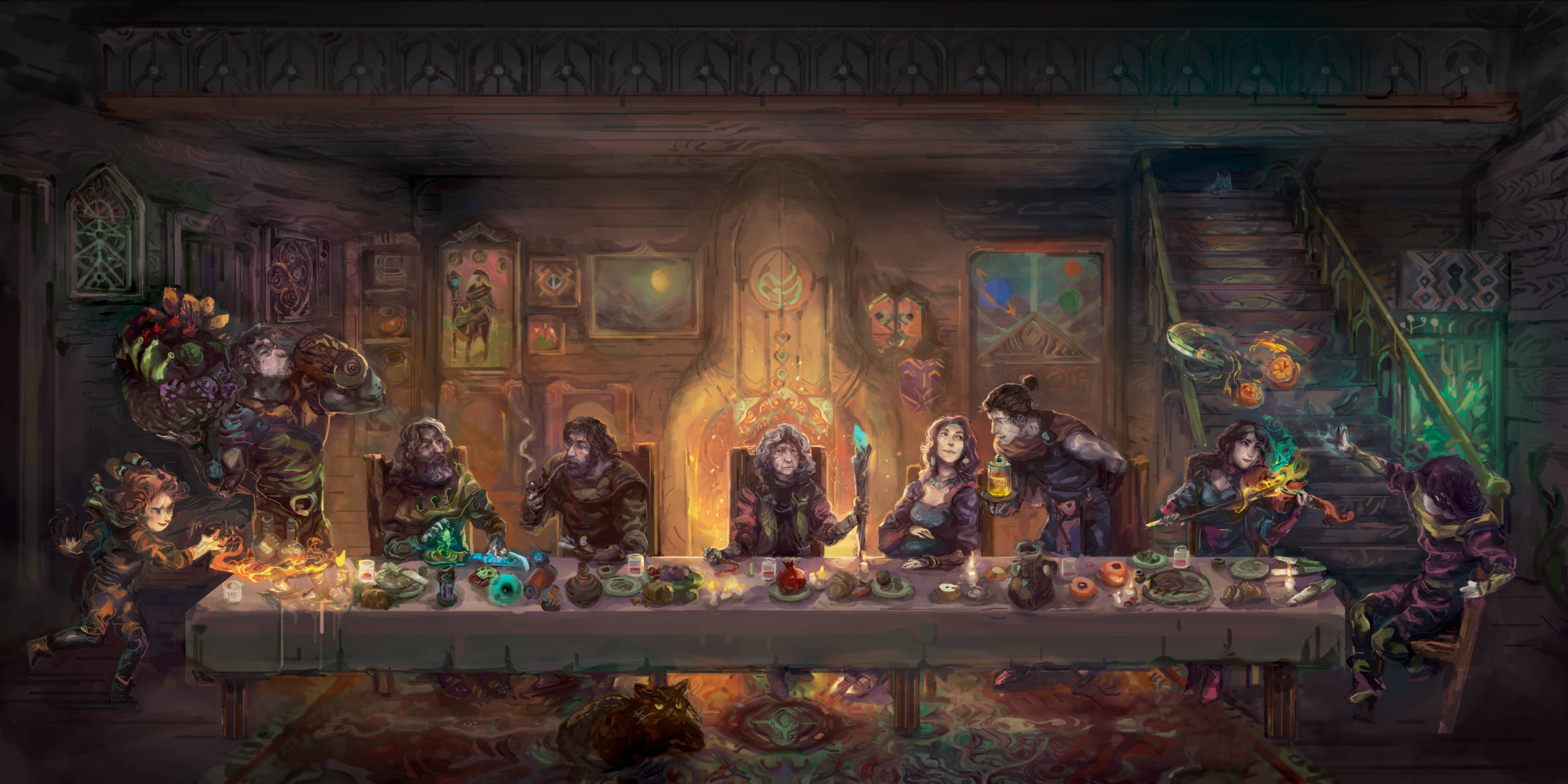 The Bergson family of of Children of Morta sitting and standing around a long table.