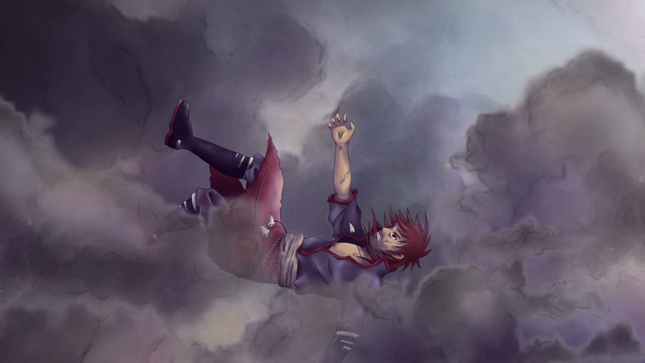 One of the leading characters falls helplessly through dark clouds in Clouds of Rain.