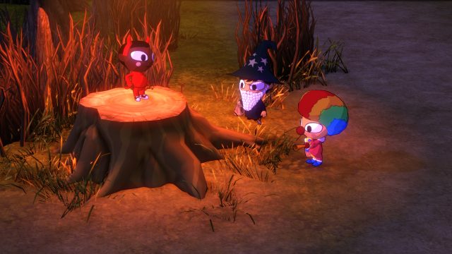 Characters showing off a demon, wizard, and clown costume in Costume Quest.