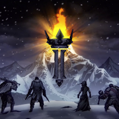 Hero classes stand before a blazing torch against a mountainous backdrop in Darkest Dungeon II