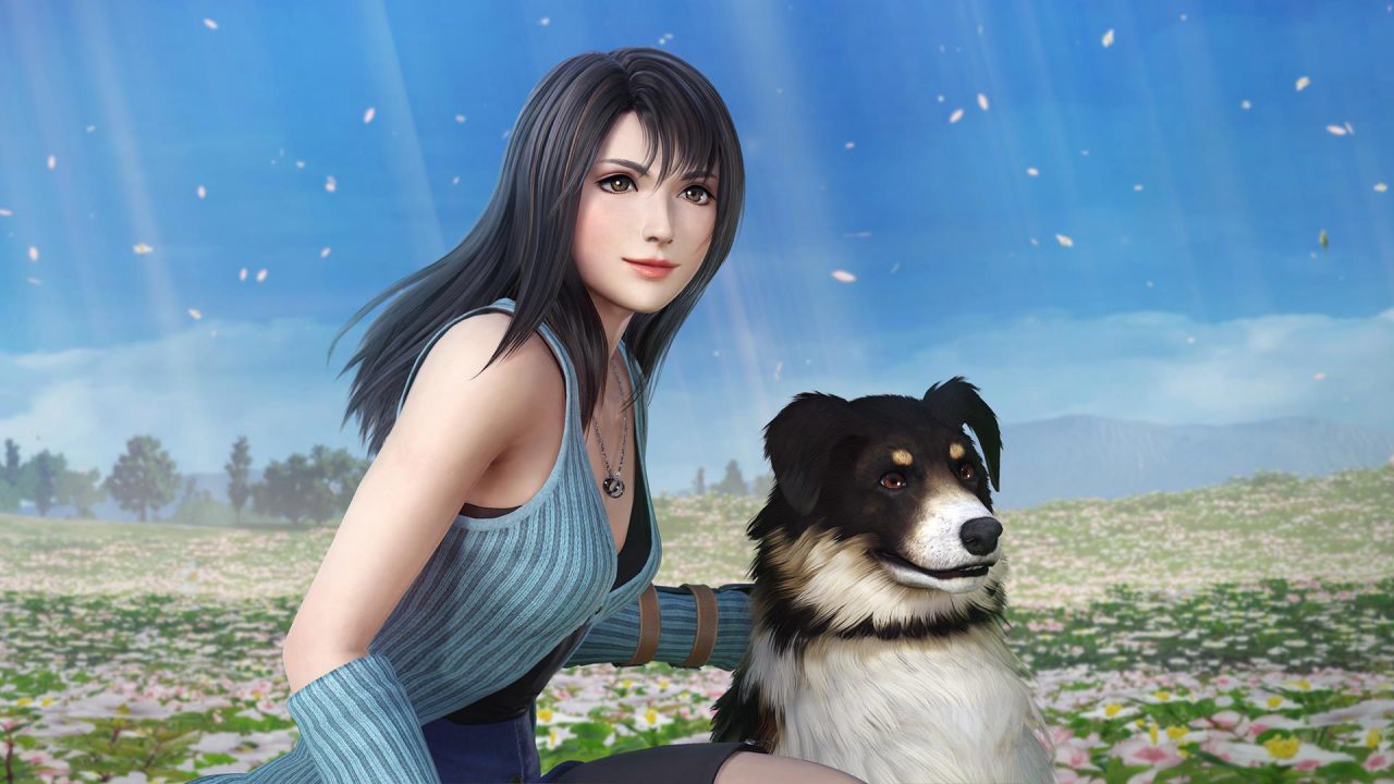 Dissidia Final Fantasy NT Screenshot of Rinoa with her dog Angelo in a flower field