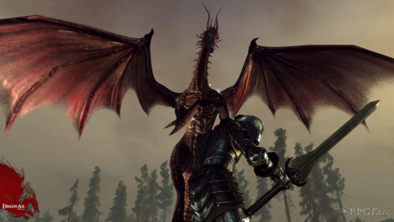 A screenshot of a dragon over a human in Dragon Age Origins