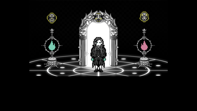 EVOLUTION - Versicorae Domlion Screenshot of a long-haired man in a trenchcoat standing in a dark room with glowing runes on the floor and a glowing door behind him.
