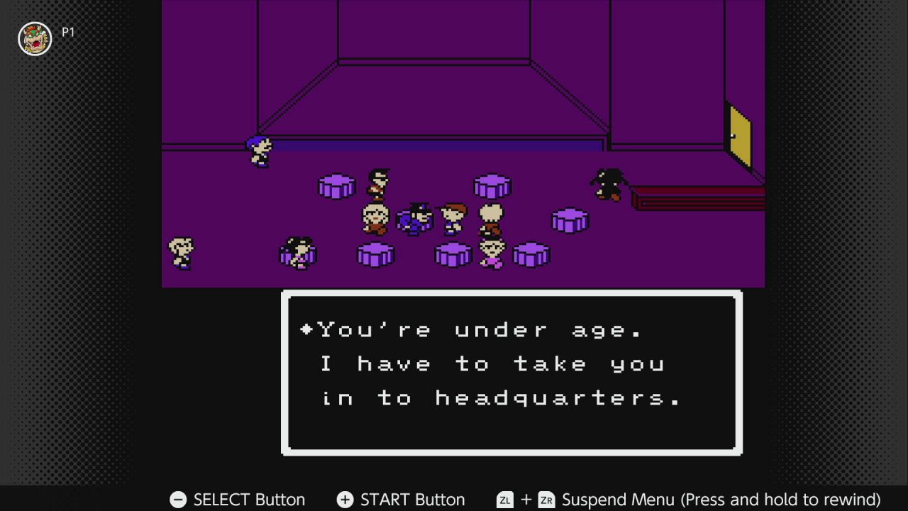A screenshot of police officers arresting the protagonist in a purple room in EarthBound Beginnings