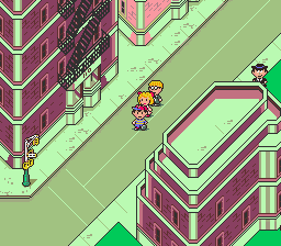 Ness and his party walking down the street in EarthBound.