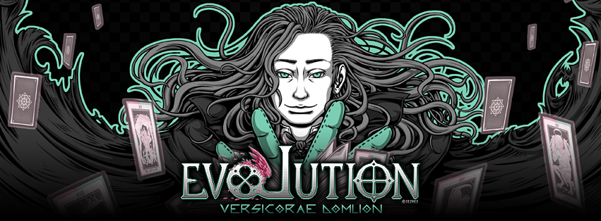 "Evolution" banner featuring art of Alexis surrounded by Tarot cards.