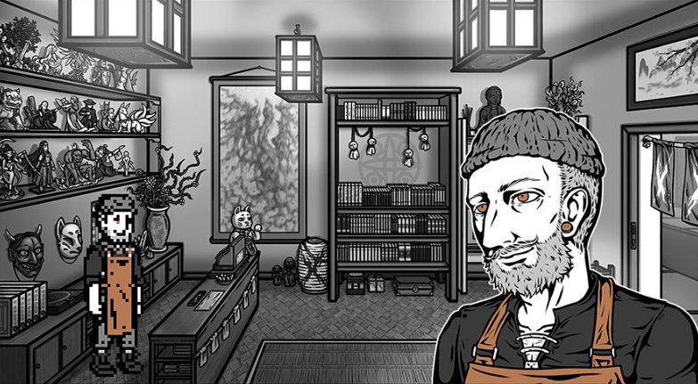 A man with an orange apron behind the counter of a creepy curiosity shop.