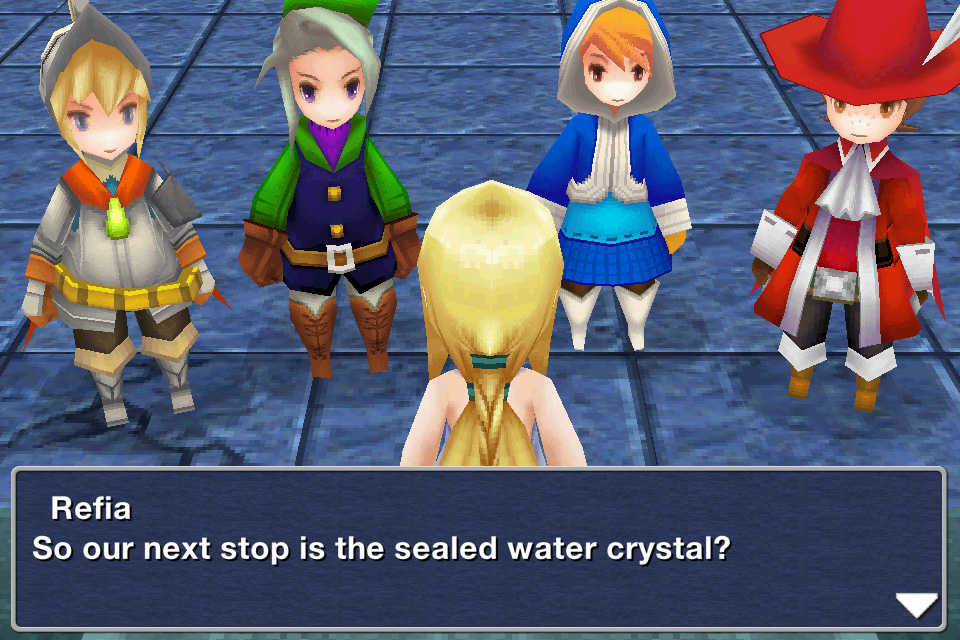 A screenshot from Final Fantasy III DS with the warriors of light discussing where to go next.