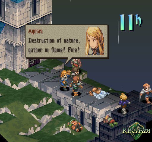 Final Fantasy Tactics screenshot of holy knight Agrias casting Fire outside a building.
