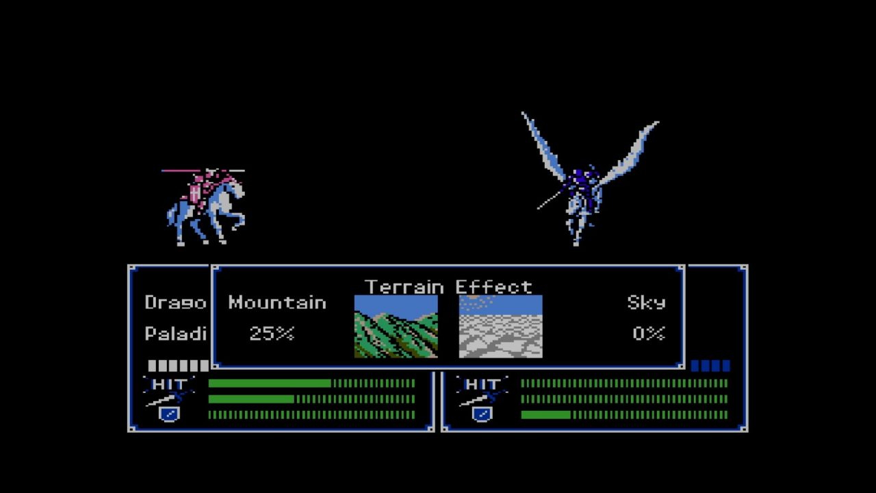 A screen comparing terrain for a cavalry unite and a winged cavalry unit: Mountain 25% and Sky 0%